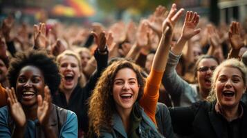 Happy people gather outside with raised hands. . photo