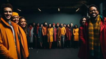 multiétnico grupo de joven personas en pie en fila en elegante brillante ropa. generativo ai. foto