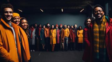 Multiethnic group of young people standing in row in stylish bright clothes. Generative AI. photo