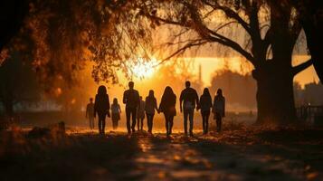 Group of back young people walking in the park at sunset. Selective focus. Generative AI. photo