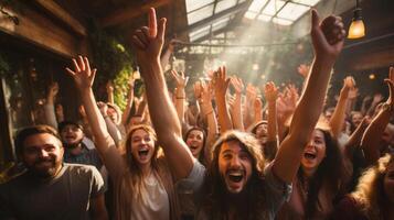 Group of happy friends having fun at a music festival in a pub. . photo