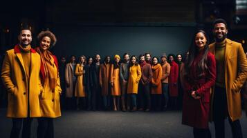 Multiethnic group of people standing in a row at studio and looking at camera. Generative AI. photo