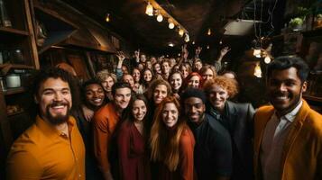 Portrait of a group of smiling people standing together indoor. Generative AI. photo