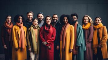 Group of smiling multiethnic group women and men in autumn coats. Generative AI. photo