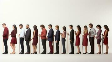 grupo de diverso negocio personas con palos en manos en pie en un fila en blanco antecedentes. generativo ai. foto