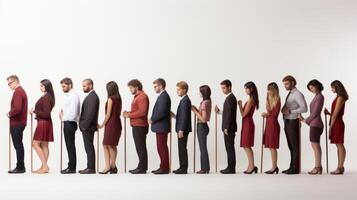 Group of diverse business people with sticks in hands standing in a row on white background. Generative AI. photo