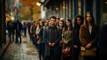 Large group of people waiting in line in city. Generative AI. photo