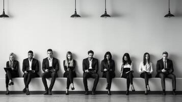 Group of business people waiting for job interview in office lobby, black and white. Generative AI. photo