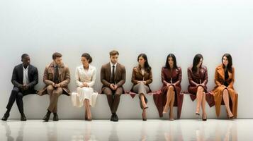 Group of business people in a row sitting on a white wall. Generative AI. photo