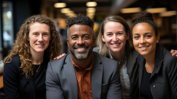 Portrait of smiling business people standing in a row in a coffee shop. Generative AI. photo