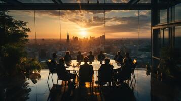 Group of business people in a meeting room with panoramic city view. Generative AI. photo