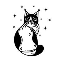 Grumpy black and white cat vector icon. Irritated spotted kitten sits and gets angry. Sad pet, domestic animal. Simple doodle, sketch. Isolated clipart. Line art drawing for posters, print, stickers