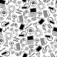 Modern gadgets seamless vector pattern. Laptop, VR headset, joystick, webcam, smartphone, pc mouse, ring lamp. Device for stream, blog, podcast, video games. Black and white background for print, web