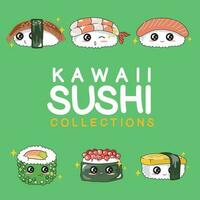 Funny Japanese food. Asian cuisine. Kawaii cute sushi collections with smiling face and pink cheeks. Cartoon emoji for textile, web, print. Vector illustration.