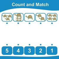 Count and match together worksheet. Count animals and match with numbers. Educational printable math worksheet. Math game for children. Vector illustration.