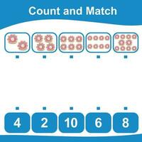 Count and match together worksheet. Count animals and match with numbers. Educational printable math worksheet. Math game for children. Vector illustration.