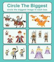 Circle the biggest object in each box. Cute cartoon character fairytale mediaeval kingdom prince, princess, king, and queen. Printable activity page for kids. vector