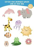 Circle the animals which live in the sea. Guess and circle the sea animals on the page. vector