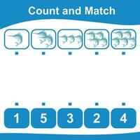 Count and match together worksheet. Count animals and match with numbers. Educational printable math worksheet. Math game for children. Vector illustration.