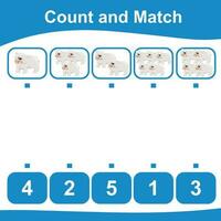 Count and match together worksheet. Count animals and match with numbers. Educational printable math worksheet. Math game for children. Vector illustration.