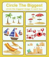 Educational game for children. Circle the biggest object in each box. Printable activity page for kids. Vector file.