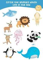 Circle the animals which live in the sea. Guess and circle the sea animals on the page. vector