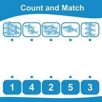 Count and match together worksheet. Count animals and match with numbers. Educational printable math worksheet. Math game for children. Vector illustration.