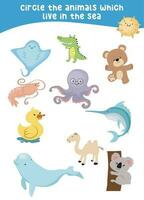 Circle the animals which live in the sea. Guess and circle the sea animals on the page. vector