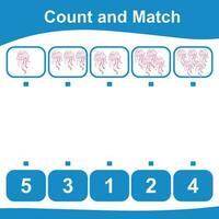 Count and match together worksheet. Count animals and match with numbers. Educational printable math worksheet. Math game for children. Vector illustration.