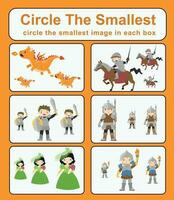 Circle the smallest object in each box. Cute cartoon character fairytale mediaeval kingdom prince, princess, king, and queen. Printable activity page for kids vector