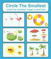 Educational game for children. Circle the smallest object in each box. Printable activity page for kids. Vector file.