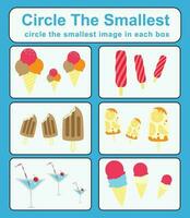 Educational game for children. Circle the smallest object in each box. Printable activity page for kids. Vector file.