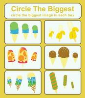 Educational game for children. Circle the biggest object in each box. Printable activity page for kids. Vector file.