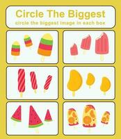 Educational game for children. Circle the biggest object in each box. Printable activity page for kids. Vector file.