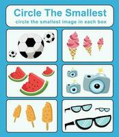 Educational game for children. Circle the smallest object in each box. Printable activity page for kids. Vector file.