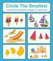 Educational game for children. Circle the smallest object in each box. Printable activity page for kids. Vector file.