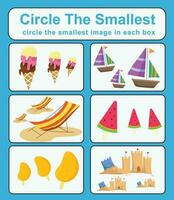 Educational game for children. Circle the smallest object in each box. Printable activity page for kids. Vector file.