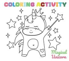 Coloring unicorn worksheet page. Fun activity for kids. Educational printable coloring worksheet. Coloring activity for children. Vector illustration.