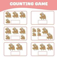 Mathematic counting worksheet. Count picture and write activity. Worksheet for kid. Educational printable worksheet. Vector illustration.