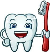 Happy Sparkling Smiling Tooth Cartoon Character Holding a Giant Red Plastic Toothbrush vector