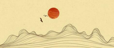 ilustraciones de montaña Arte paisaje. creativo minimalista moderno línea Arte impresión. resumen contemporáneo estético antecedentes paisajes con montaña, colina, puesta de sol y volador pájaro vector