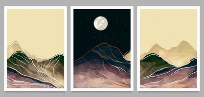 Mountain landscape illustration. Mid century modern art prints on set. Watercolor painting. Abstract contemporary aesthetic background landscape. with mountains, hills and moon vector