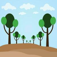 A drawing of trees on a hill with a blue sky in the background. vector