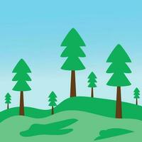 A cartoon drawing of trees on a hill with a blue sky in the background. vector