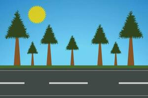 A road with pine trees and a sun on the background vector