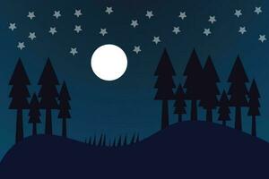 A dark night with trees and the moon in the background vector