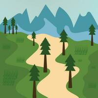 A green landscape with a road leading to a mountain range. vector