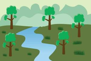 A cartoon of a river with trees and a river in the background. vector