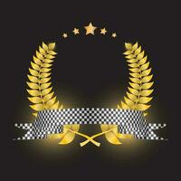 gold award with laurel wreath and racing flag ribbon. Vector golden symbol of victory, achievement, success, rewarding of winner.