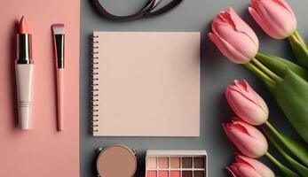 parte superior ver con rosado tulipanes flores, zapatos, lápiz labial y cosmético fondo, generativo ai foto